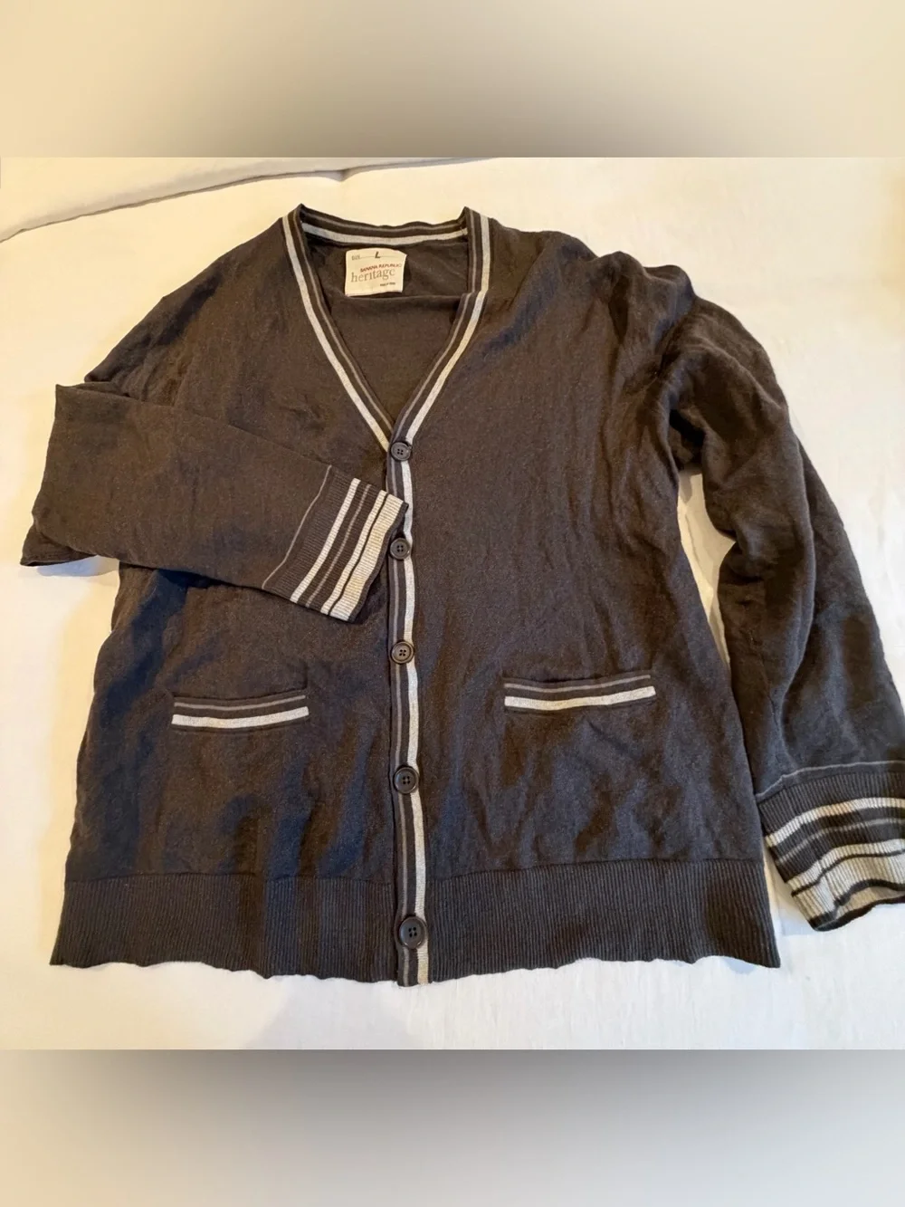 Banana Republic Charcoal / Chocolate V-Neck Button Cardigan with Cream Trim